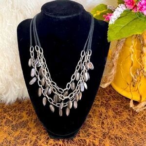 Necklace Three Tiered Black Rope/Matte Silver Tone Chain With Oblong beads